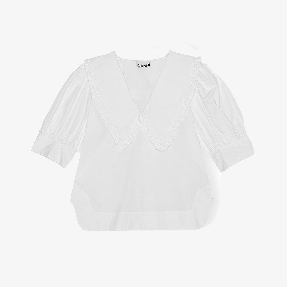 Cotton Poplin V-neck Ruffle Blouse