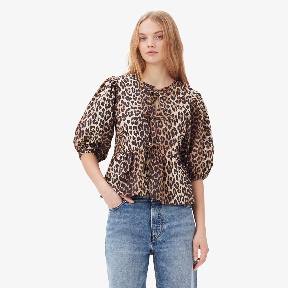 Printed Cotton Poplin Peplum Blouse 'Leopard'