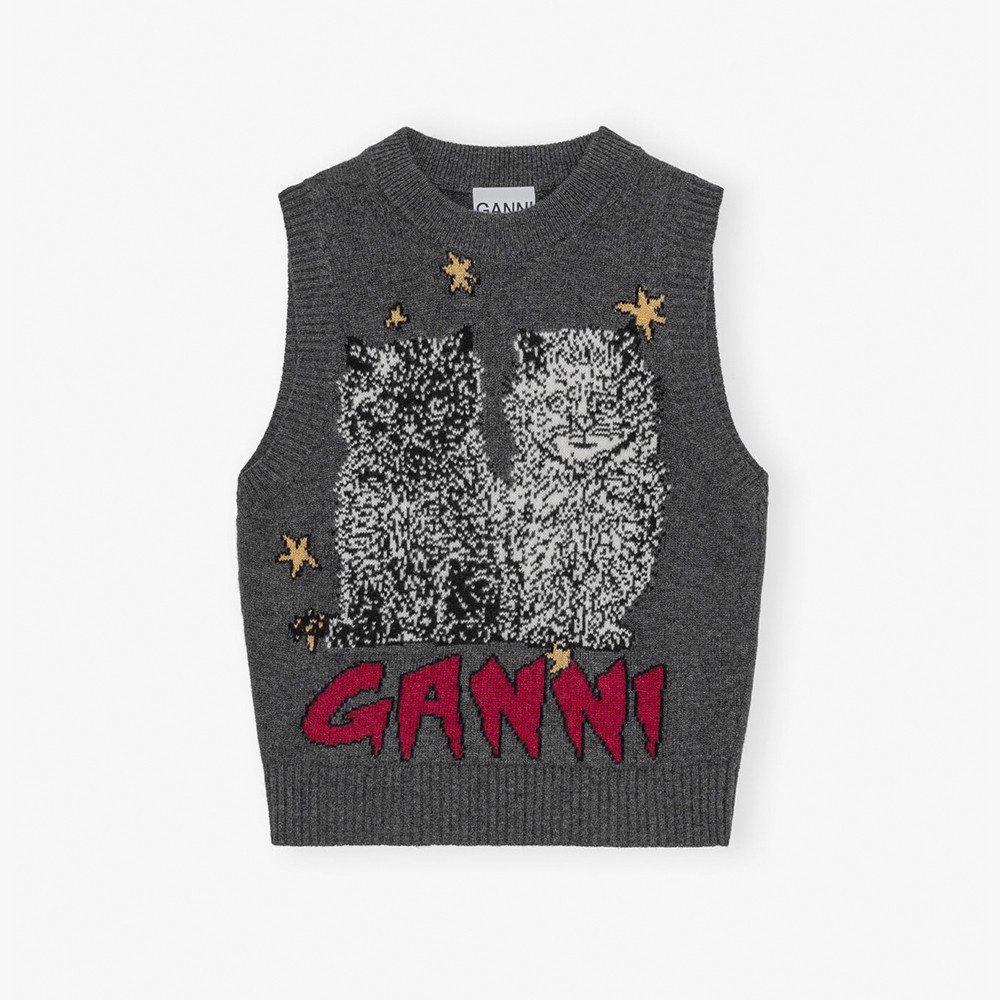 Graphic Wool Mix Cats Vest 'Grey'