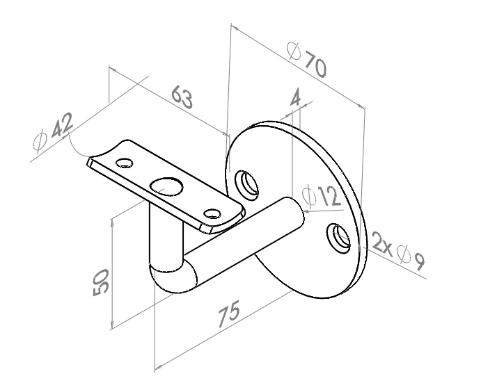 Handlaufträger in V2A, Rohranschlussplatte Ø42mm, und 50mm Schenkel