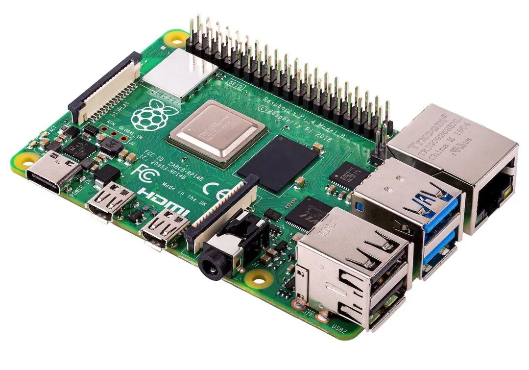 Raspberry Pi 4 Model B mit USB-C, zwei micro-HDMI-Ausgängen, Audio, USB und Ethernet