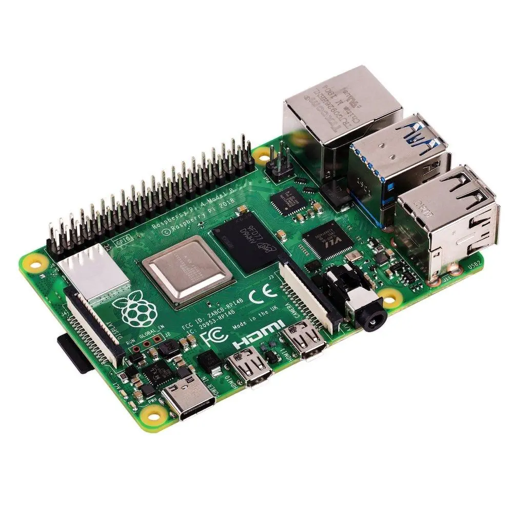 Raspberry Pi 4 Model B in schräger Draufsicht mit GPIO, USB, Ethernet und micro-HDMI