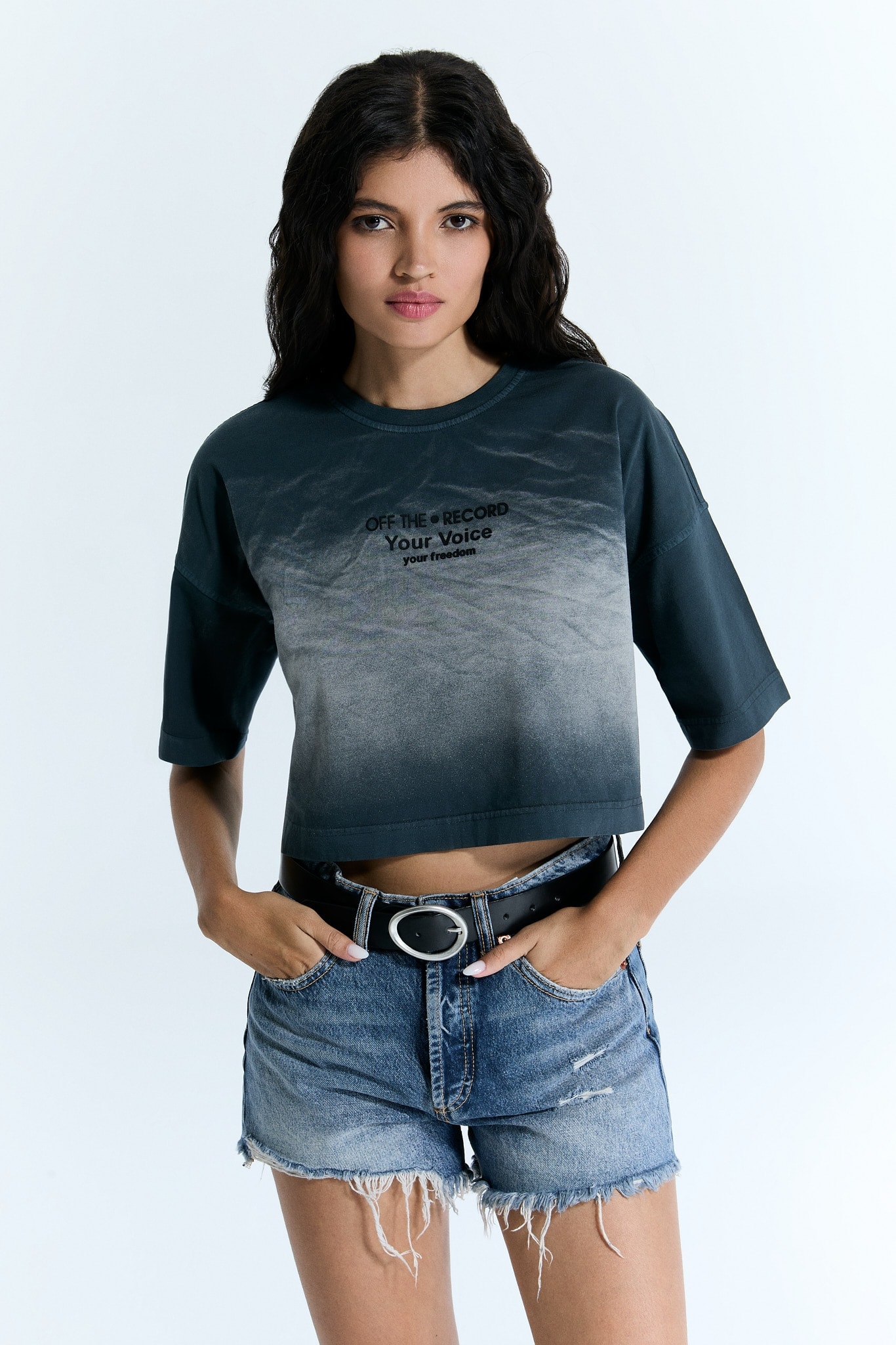 Anthrazit Welle gemustert Frauen Crop