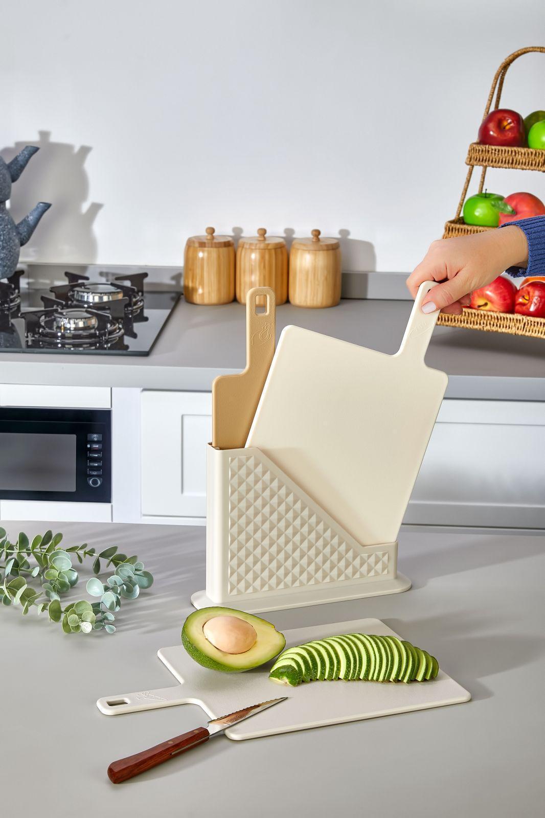 CAZORIA Set mit 3 Schneidebrettern mit Ständer (4 Stück) - Beige-C-1006-B