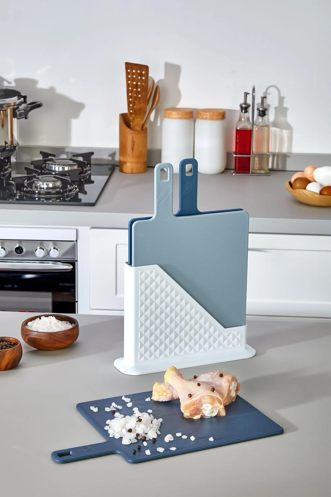 CAZORIA Set mit 3 Schneidebrettern mit Ständer (4 Stück) - Blau