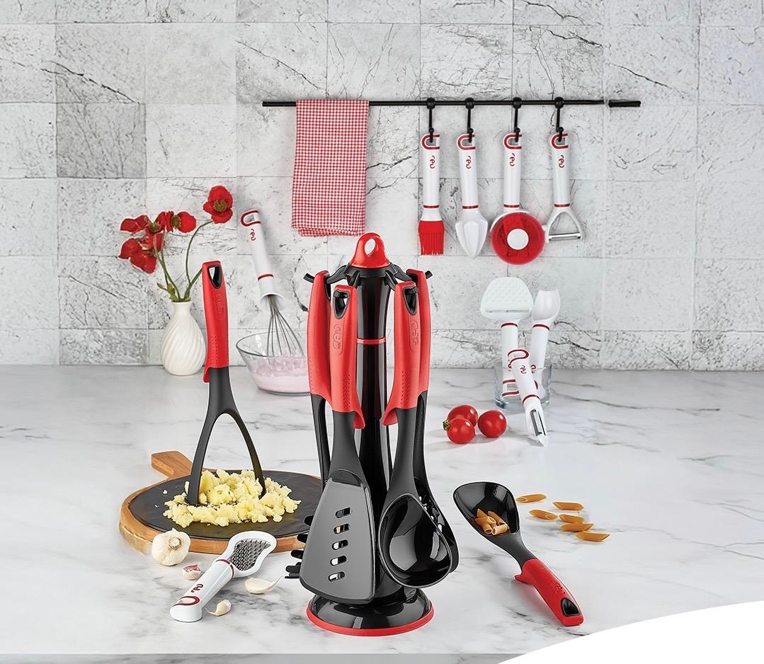 ROT 5+1 Stück Kochbesteck Set - Schwarz und Rot