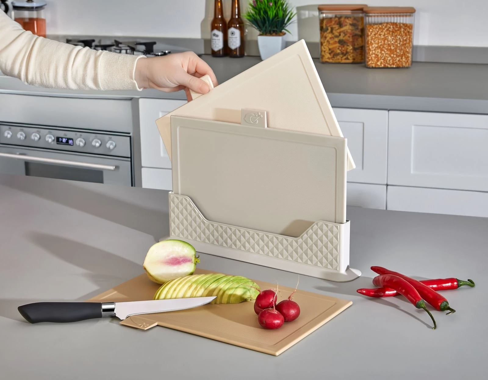 CAZORIA Set mit 3 dünnen Aktenvernichtern mit Ständer (4 Stück) - Beige