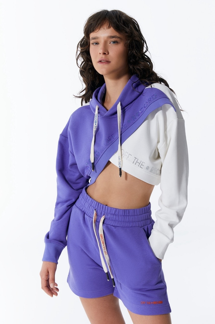 Lila-weißer Crop Hoodie für Frauen