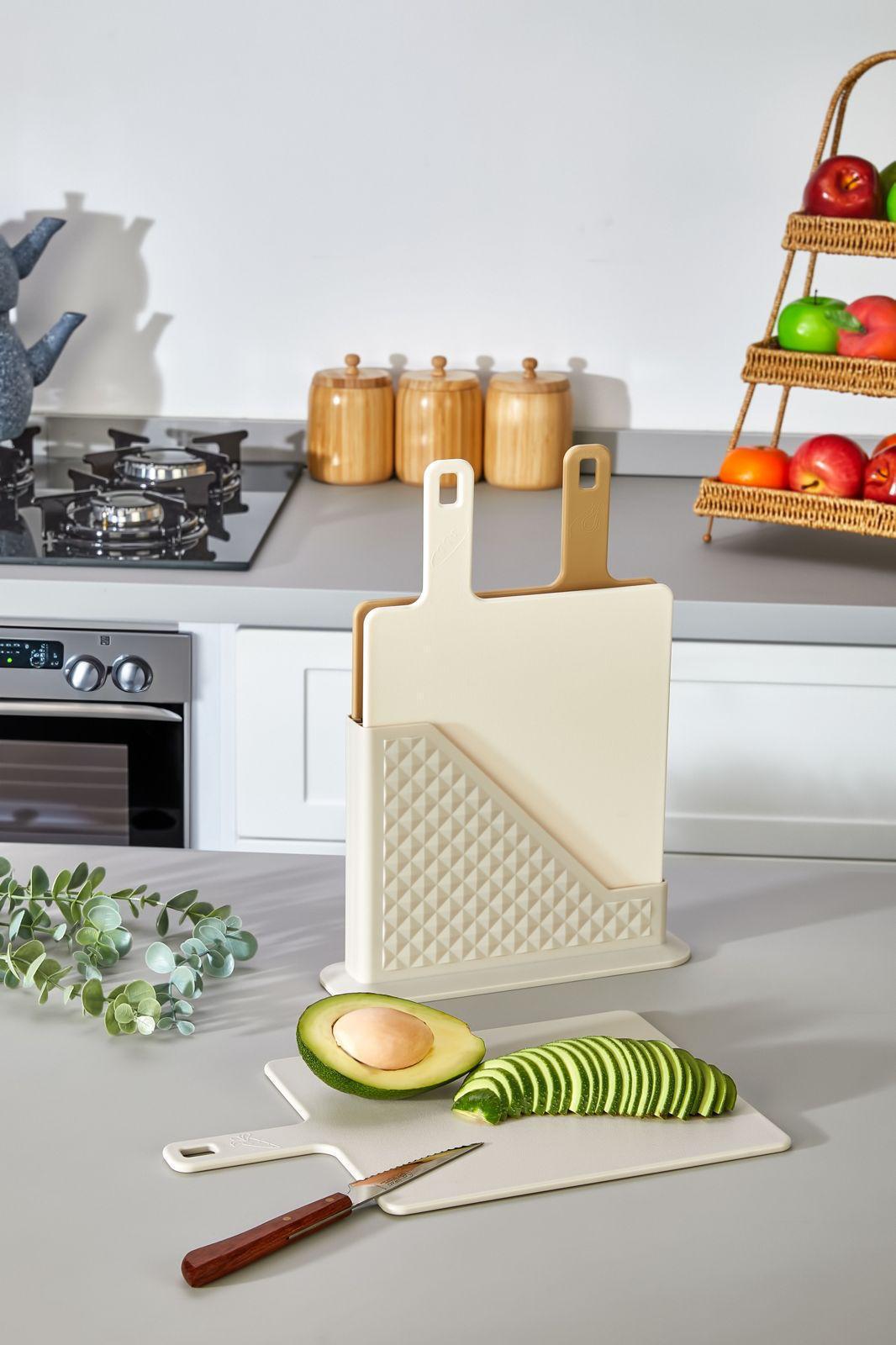 CAZORIA Set mit 3 Schneidebrettern mit Ständer (4 Stück) - Beige-C-1006-B