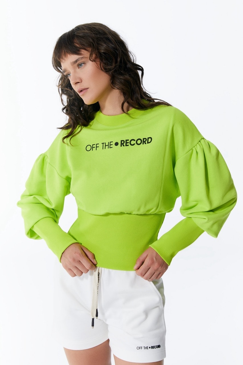 Grünes Damen-Crop-Sweatshirt mit Ballonärmeln