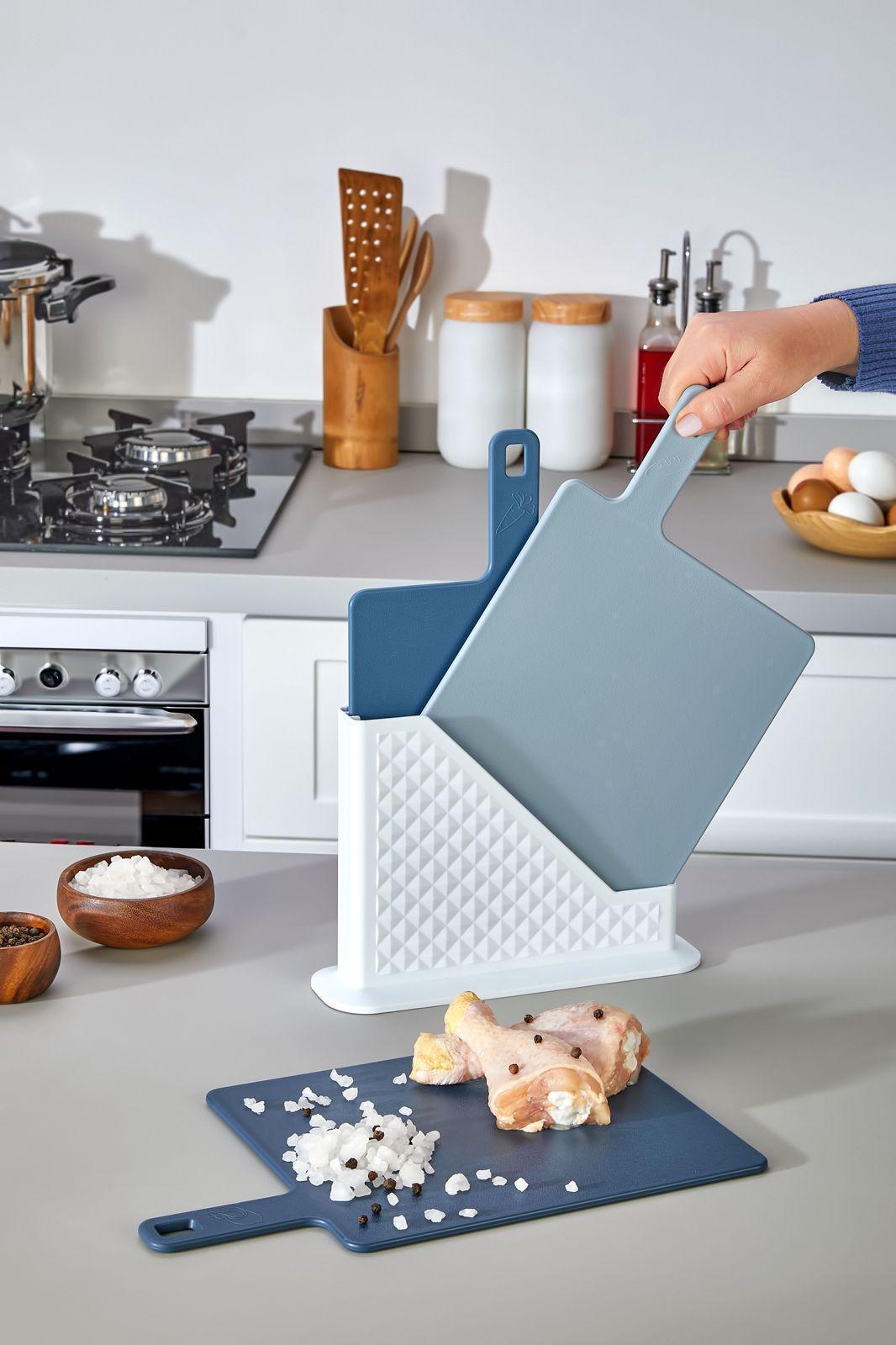 CAZORIA Set mit 3 Schneidebrettern mit Ständer (4 Stück) - Blau