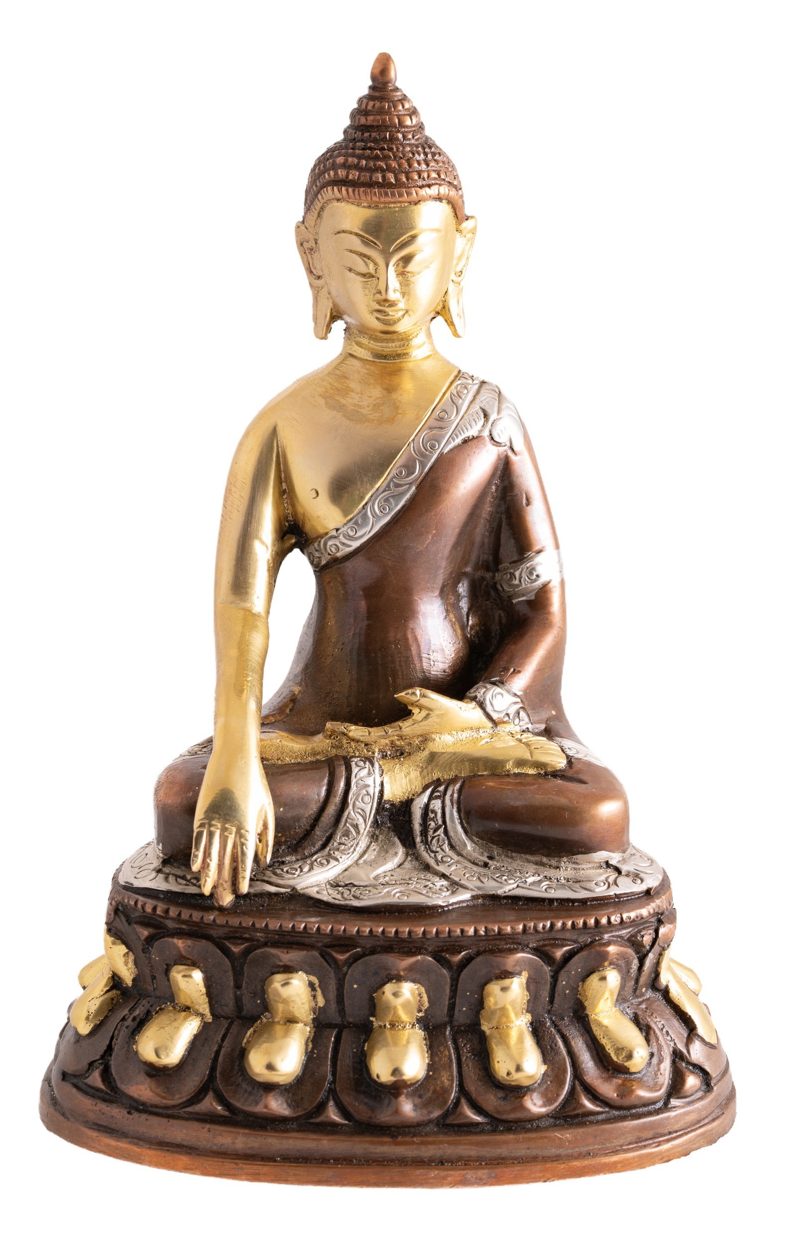 Buddha Shakyamuni Messing mit Gold, Silber, Braun Finish