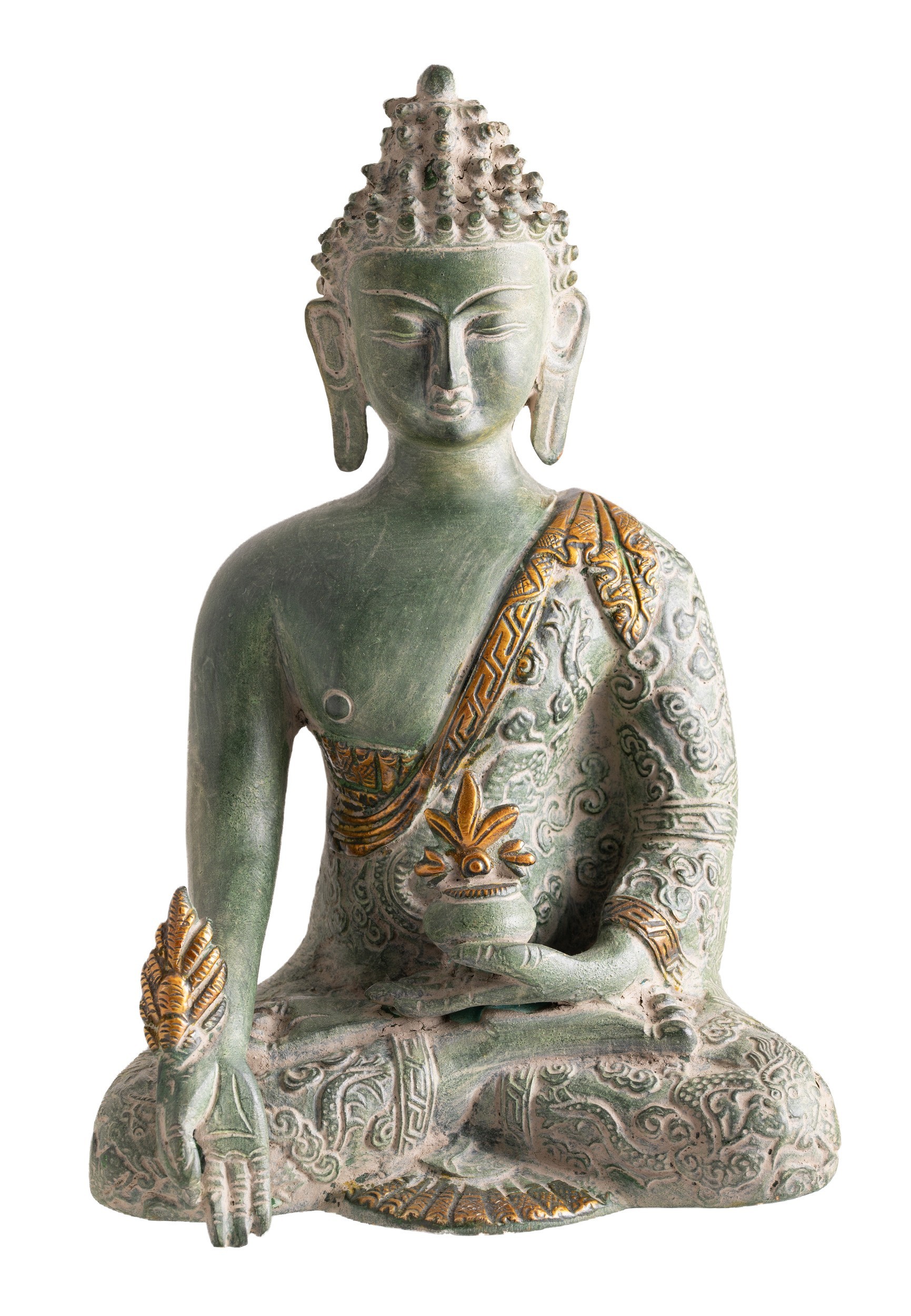 Medizin Buddha Messing, Sandstein grün mit Gold Finish