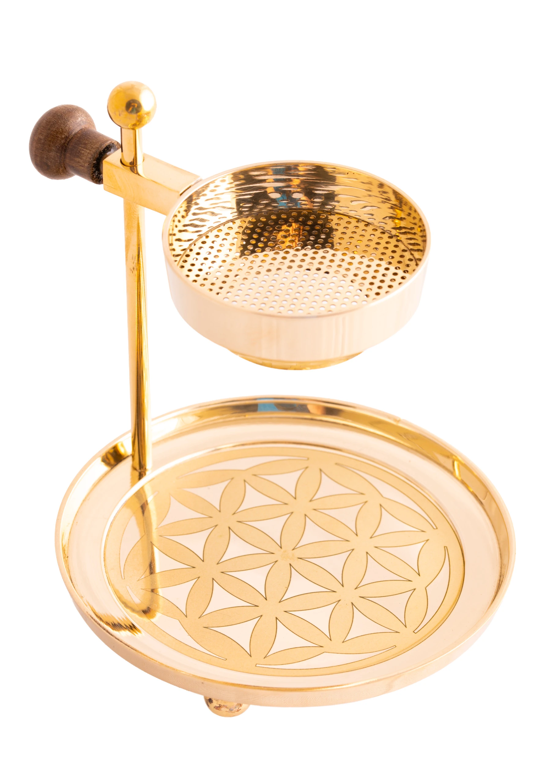 Höhenverstellbares Siebräuchergefäß mit eingravierter Blume des Lebens