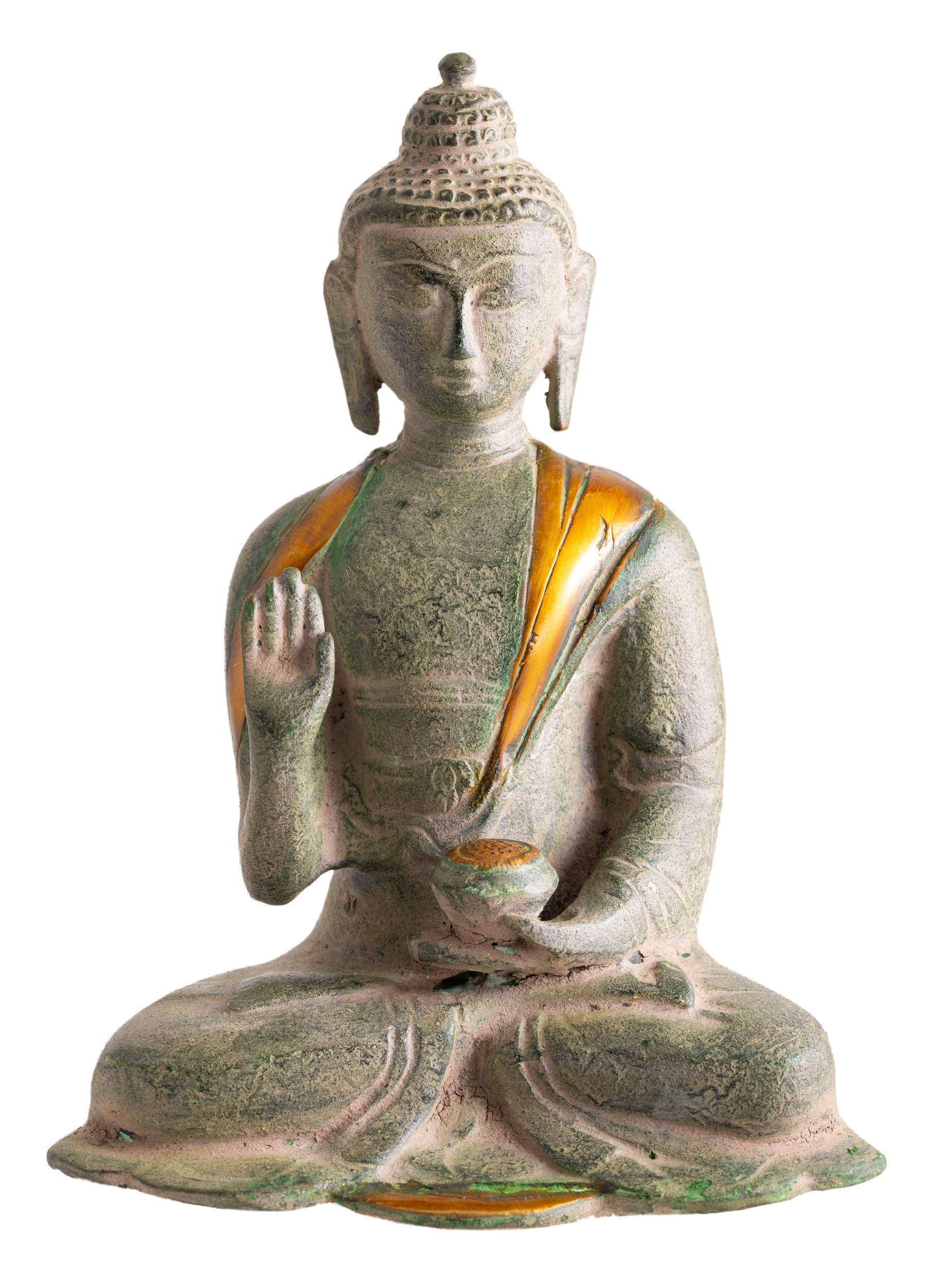 Buddha Kanakamuni Messing, antik grün mit Gold Finish