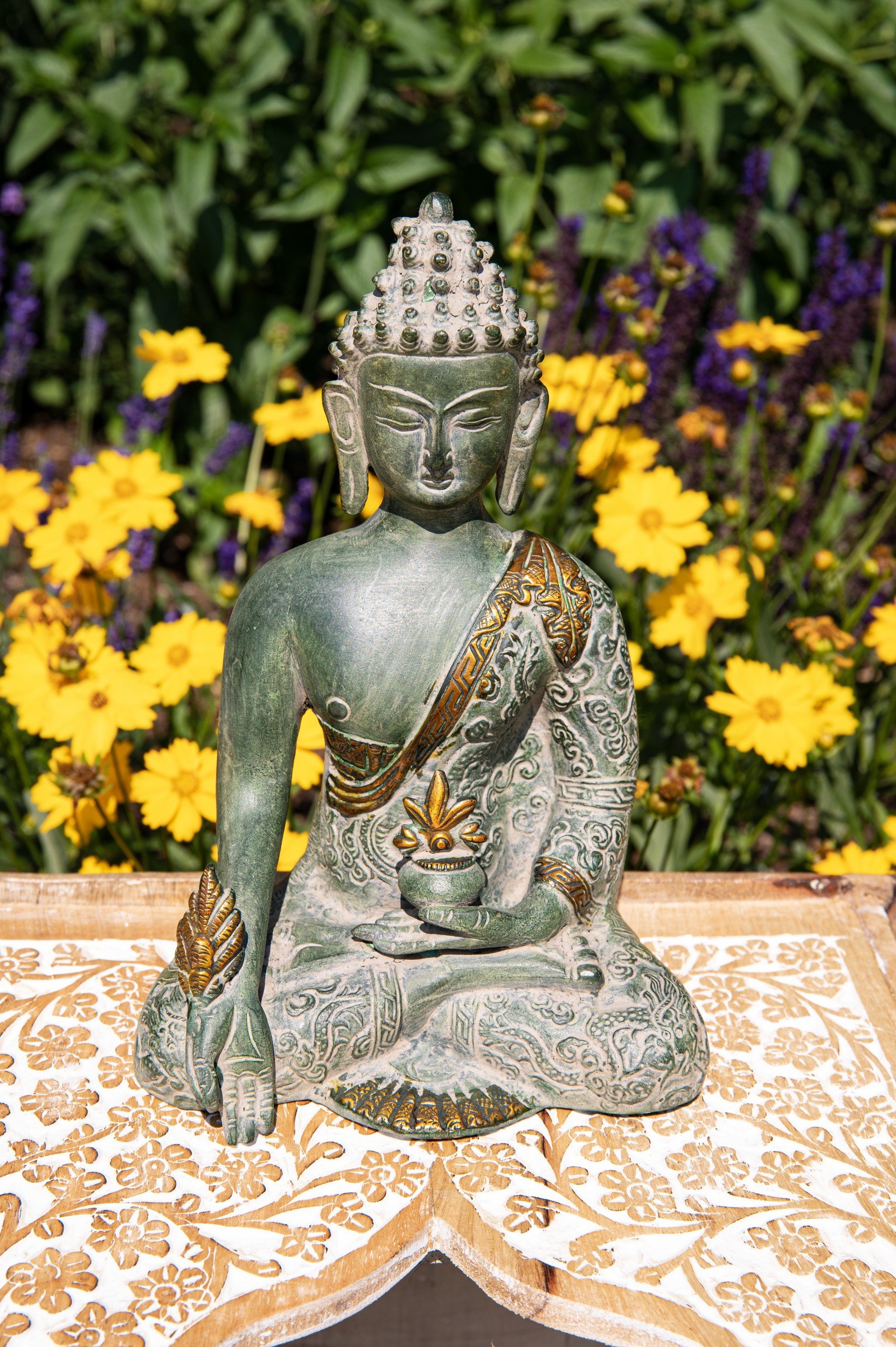 Medizin Buddha Messing, Sandstein grün mit Gold Finish