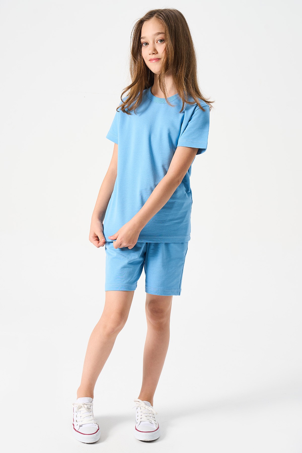 Mädchen Basic T-Shirt und Shorts Set - BLAU main variant image