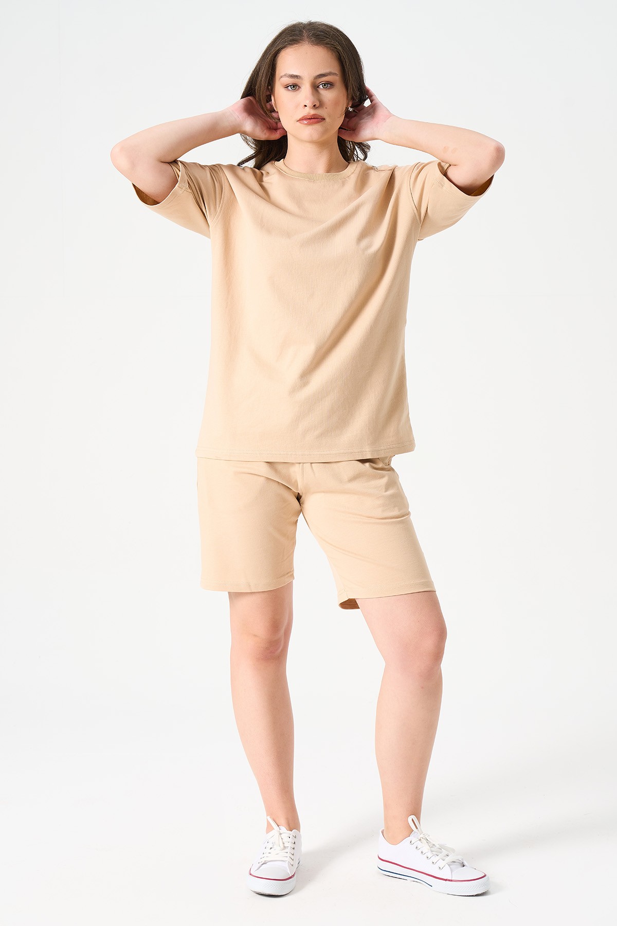 Women's Oversize T-Shirt and Shorts Set - LIGHT BROWN image