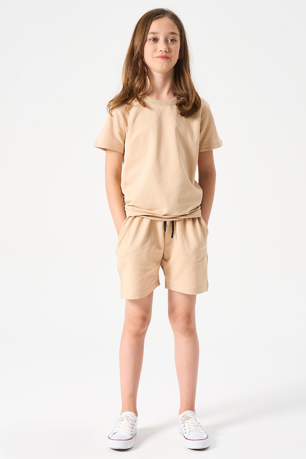 Mädchen Basic T-Shirt und Shorts Set - Hellbraun main variant image