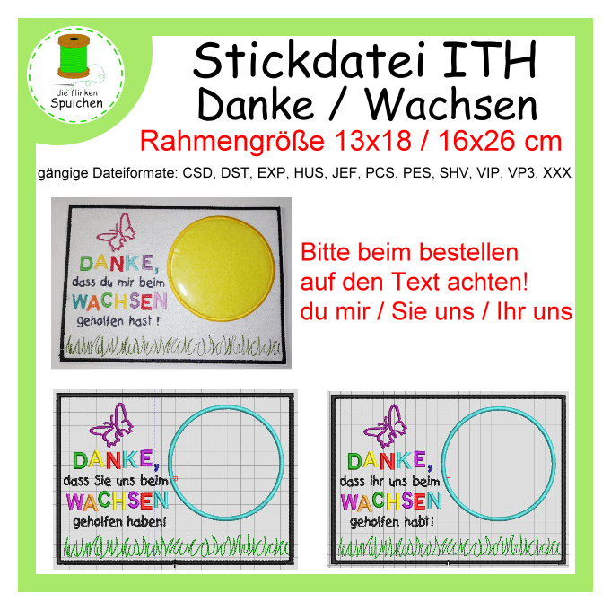 Stickdatei ITH MugRug Danke / Abschied