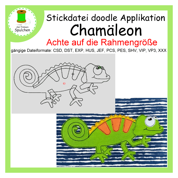 Stickdatei doodle Applikation Chamäleon