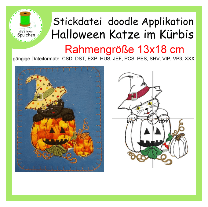 Stickdatei Applikation Halloween Katze im Kürbis