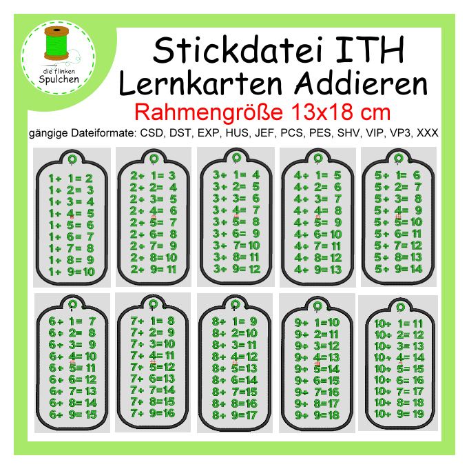 Stickdatei ITH Lernkarten Addieren Lernhilfe / Rechenhilfe