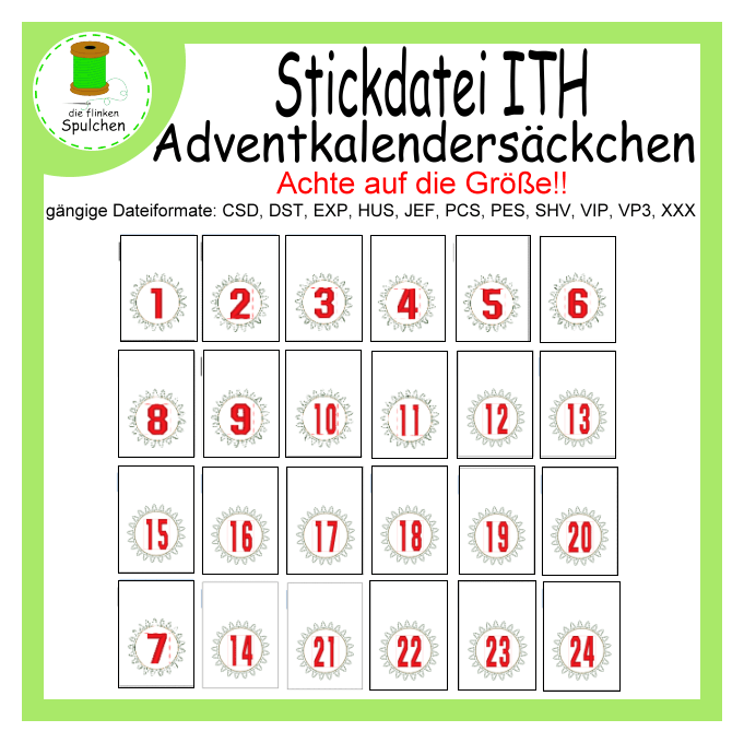 Stickdatei ITH Set mit Adventkalender Säckchen