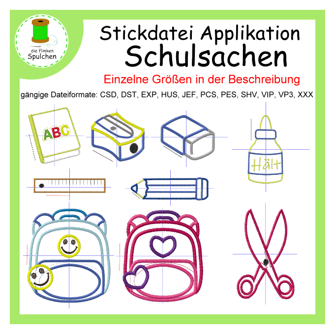 Stickdatei Applikation Schulsachen Set