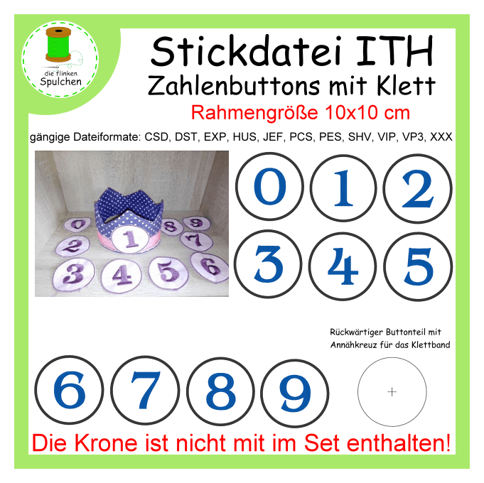 Stickdatei ITH Set Zahlenbuttons für Geburtstagskronen