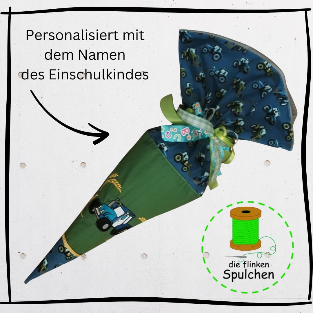 Schultüte „Traktor“ – für kleine Landwirte mit großen Träumen, aus Stoff incl. Papprohling