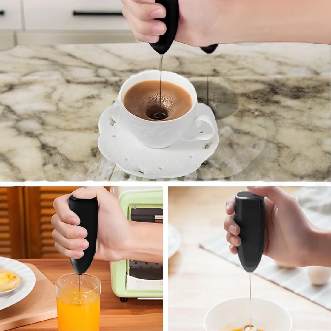 Handheld Schneebesen Milchaufschäumer, Kaffeeschaumbereiter mit Edelstahl-Handmixer für Latte & Cappuccino & Heiße Schokolade & Ei & Milchshake, Batteriebetrieben