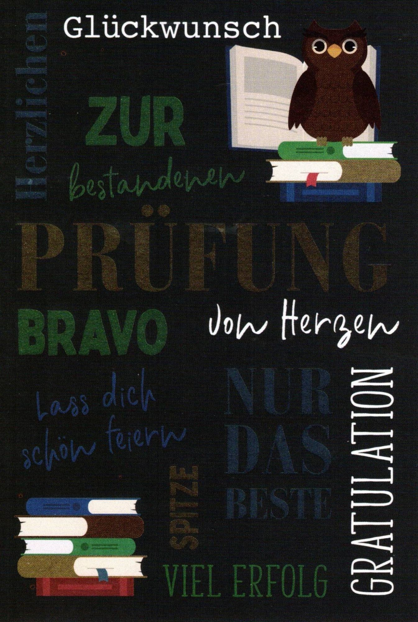 Glückwunschkarte zur bestandenen Prüfung – Motiv „Eule & Bücher"