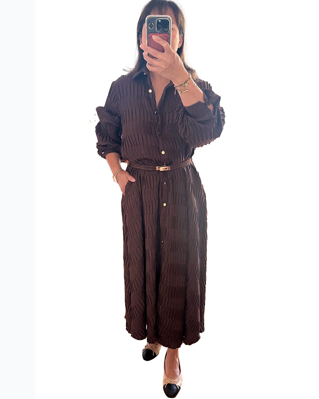 Hemdkleid lang in modernem Pliessee Look, langarm, Einheitsgröße 38-42