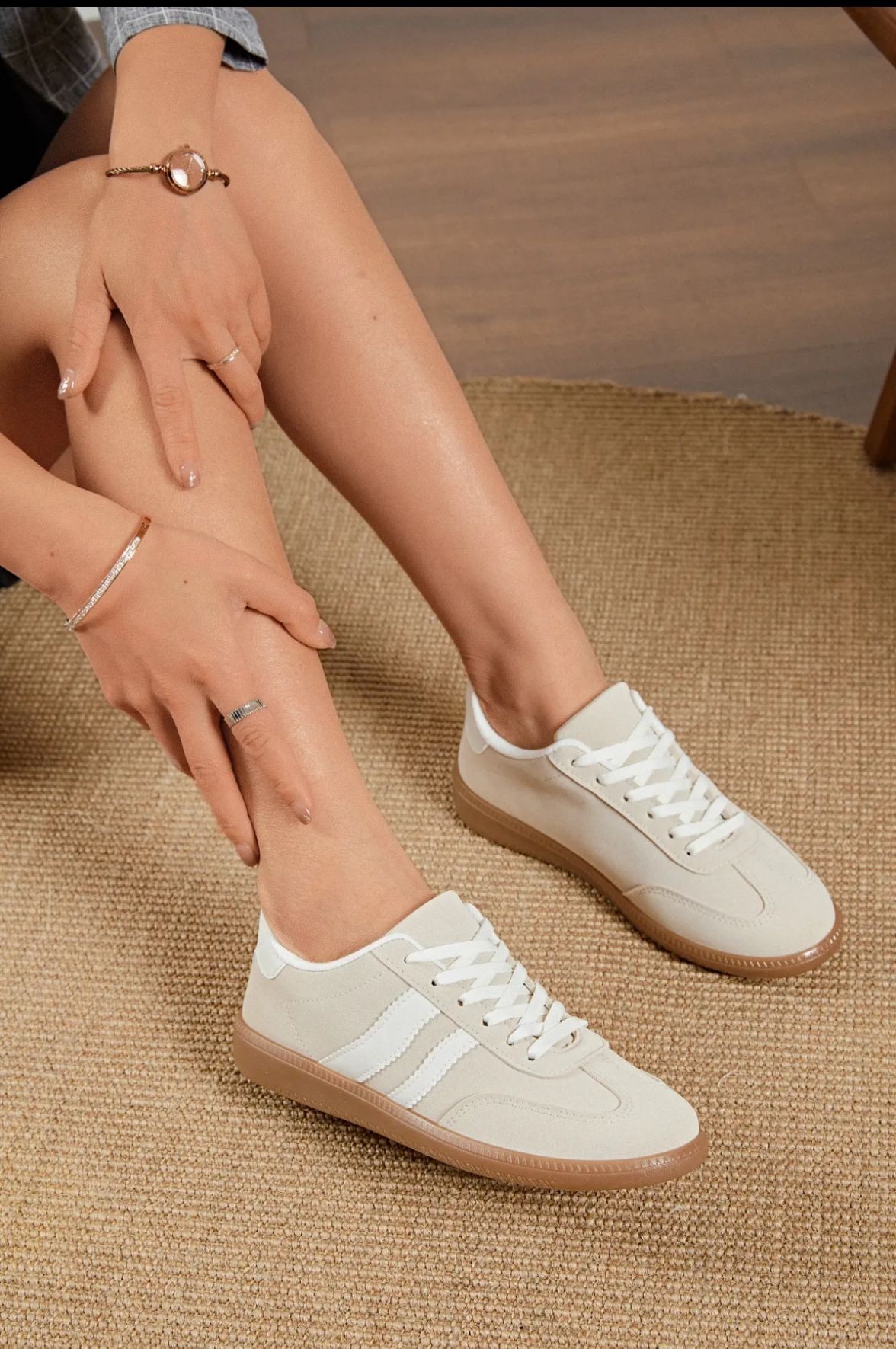 Sneaker Samba Klassischer Retro Sneaker mit Gummisohle Schnürschuh Turnschuh beige-weiß