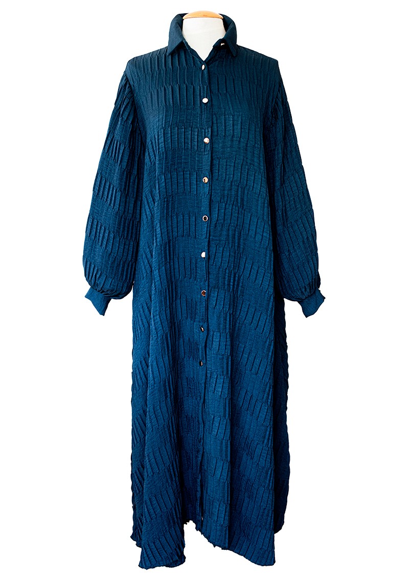 Hemdkleid lang in modernem Pliessee Look, langarm, Einheitsgröße 38-42 - Dunkelblau