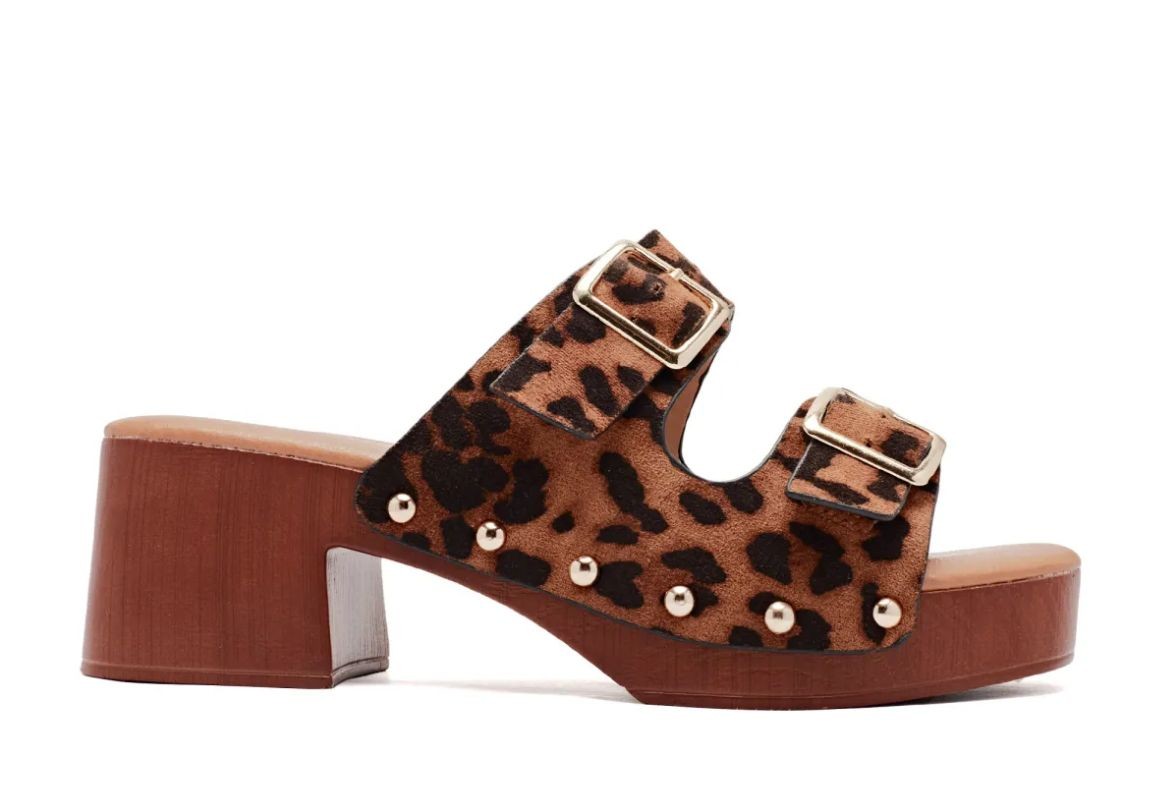 Clogs Mules Leopard mit hohem Absatz Sandale Cloggs Plateau Slides