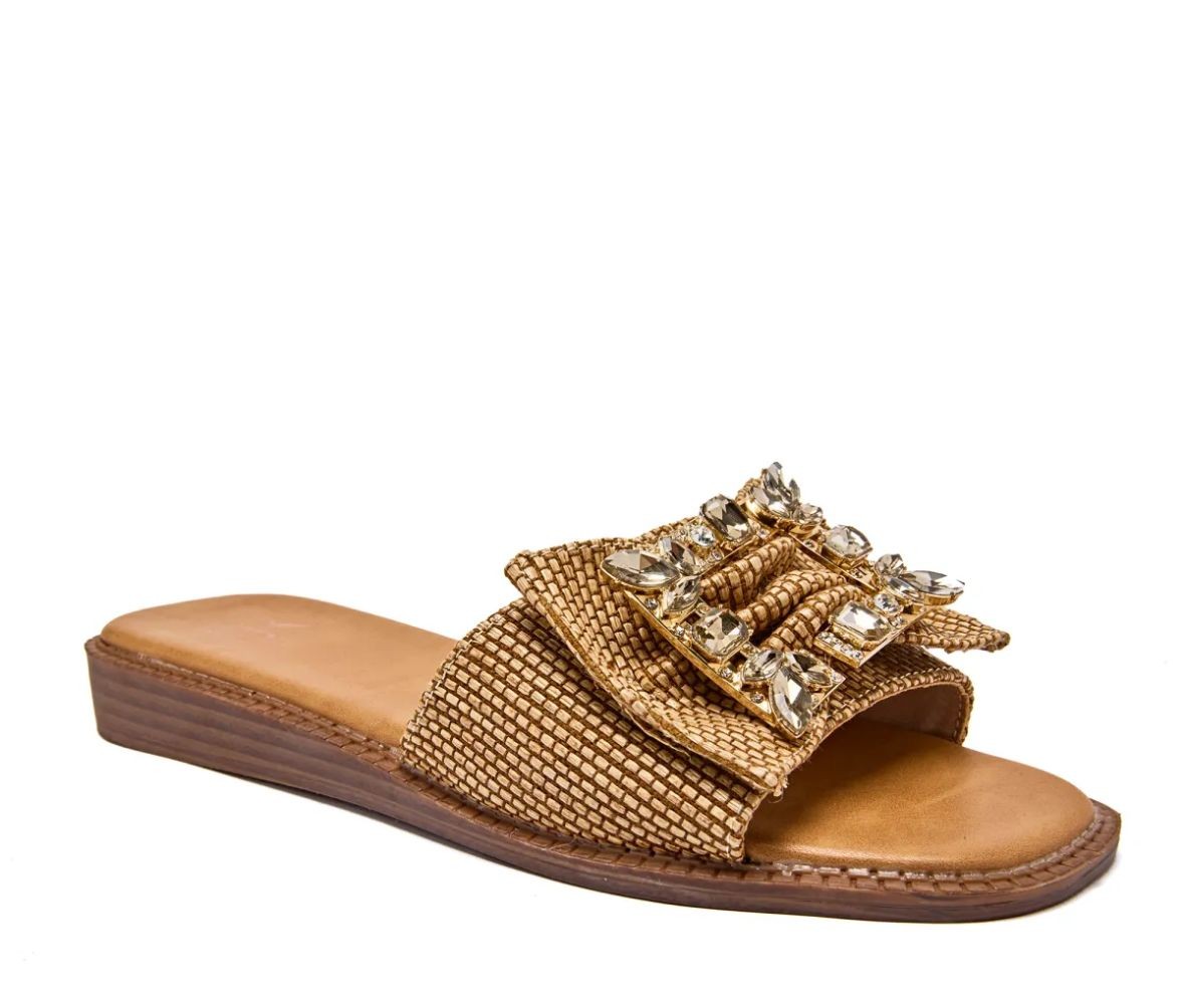 Sandale mit leichtem Absatz, Bast-Riemen mit straßbesetzer Schnalle Sandalette quadratischer Zehenbereich beige