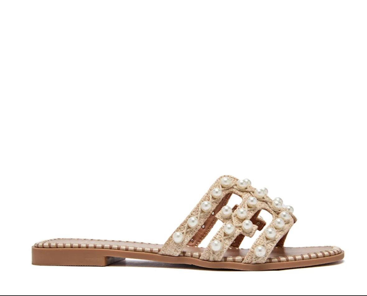 Sandale mit Perlen Straß Sandalette Flach quadratischer Zehenbereich beige