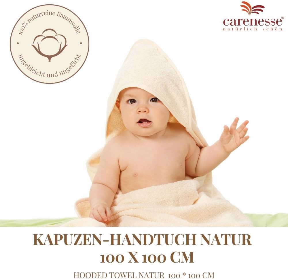 Carenesse Kapuzenhandtuch Natur 100 x 100 cm I Baby- Handtuch mit Kapuze ungebleicht & ungefärbt I Kapuzentuch 100% Baumwolle Öko-Tex 100 I Kapuzen-Badetuch für Baby‘s & Kinder bis 3 Jahre