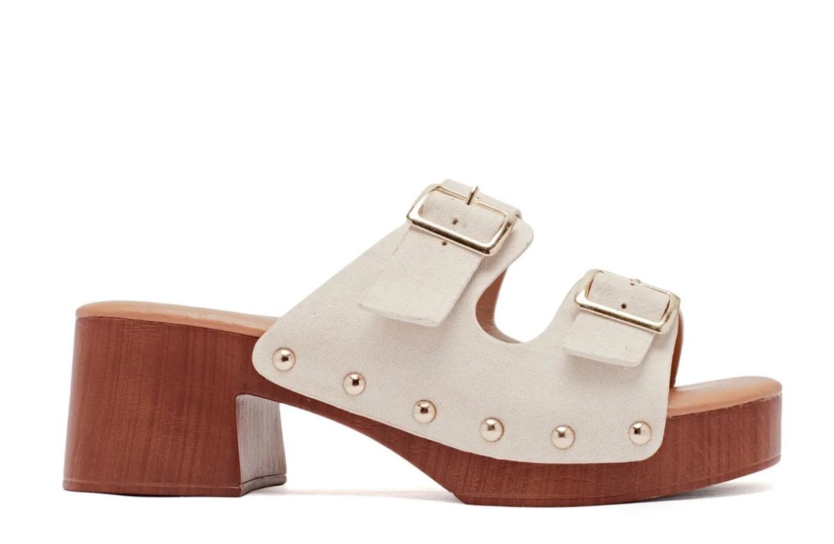 Clogs Mules beige mit hohem Absatz Sandale Cloggs Plateau Slides