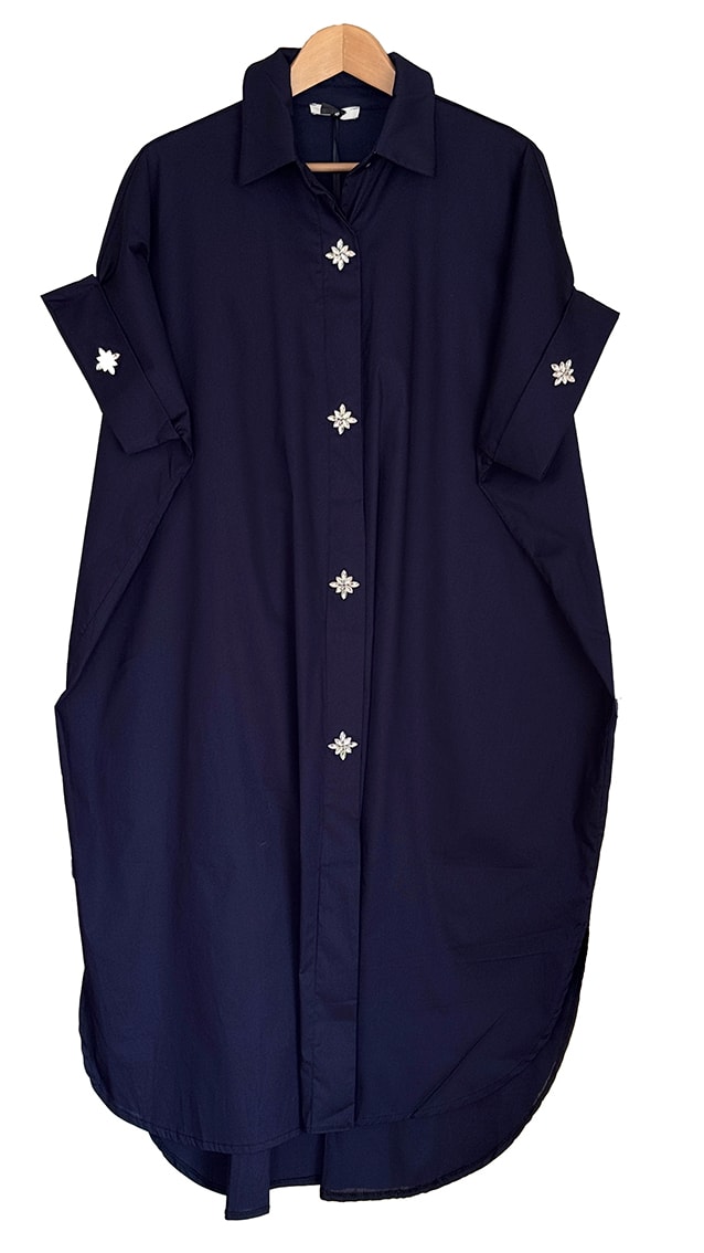 Hemd-Blusen-Kleid mit dekorativen Straß-Knöpfen, marineblau, Einheitsgröße 38-44
