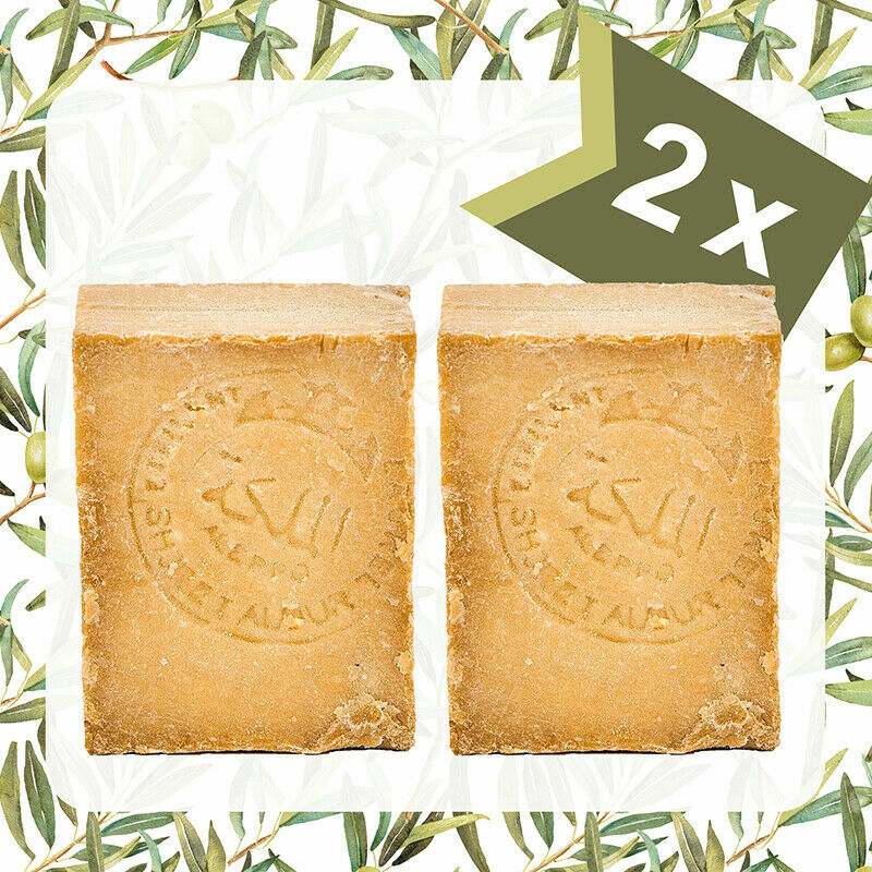 Original Aleppo Seife 2 x 200 g, 75% Olivenöl und 25% Lorbeeröl, Olivenölseife Haarseife Naturseife in Handarbeit nach Traditionsrezept und langer Reifezeit 
