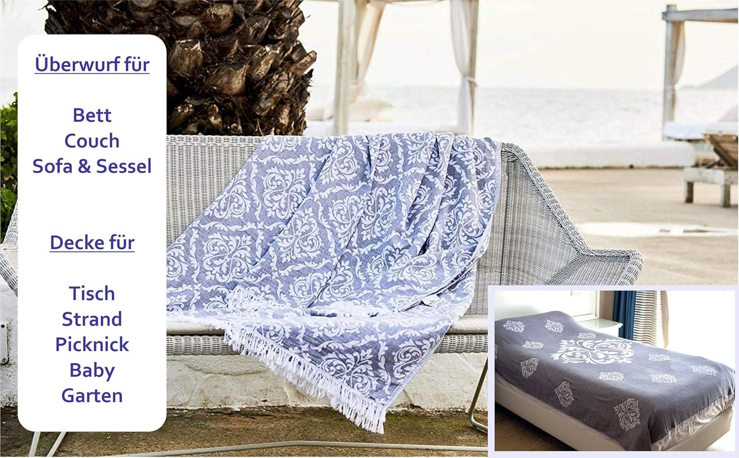 Tagesdecke Ornament grau 180 x 210 cm Wohndecke Überwurf Bett & Sofa 100% Baumwolle