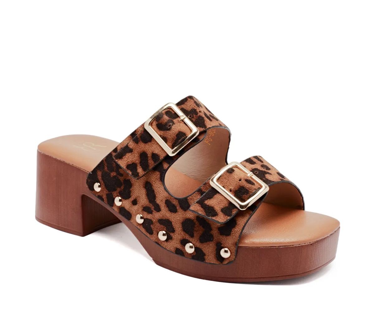 Clogs Mules Leopard mit hohem Absatz Sandale Cloggs Plateau Slides
