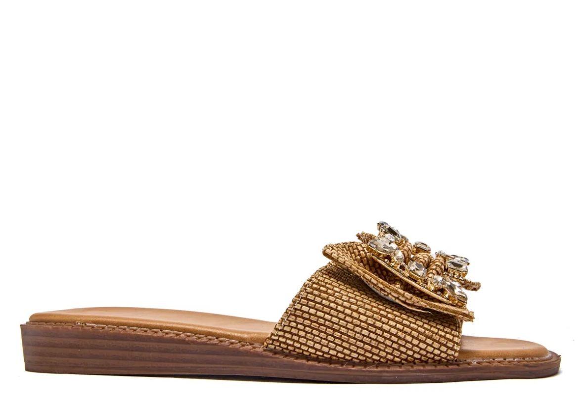 Sandale mit leichtem Absatz, Bast-Riemen mit straßbesetzer Schnalle Sandalette quadratischer Zehenbereich beige