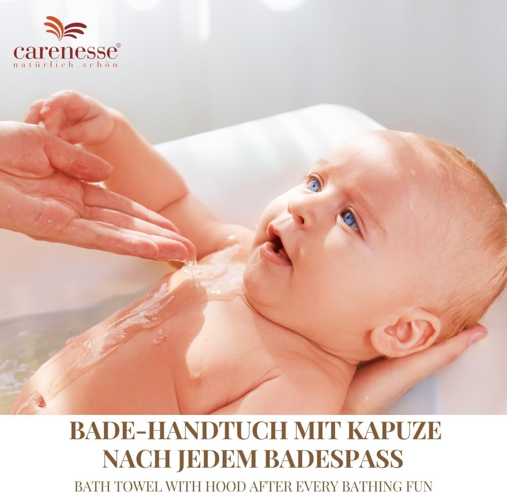 Carenesse Kapuzenhandtuch Natur 100 x 100 cm I Baby- Handtuch mit Kapuze ungebleicht & ungefärbt I Kapuzentuch 100% Baumwolle Öko-Tex 100 I Kapuzen-Badetuch für Baby‘s & Kinder bis 3 Jahre