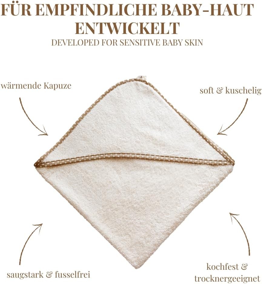 Carenesse Kapuzenhandtuch Natur 100 x 100 cm I Baby- Handtuch mit Kapuze ungebleicht & ungefärbt I Kapuzentuch 100% Baumwolle Öko-Tex 100 I Kapuzen-Badetuch für Baby‘s & Kinder bis 3 Jahre