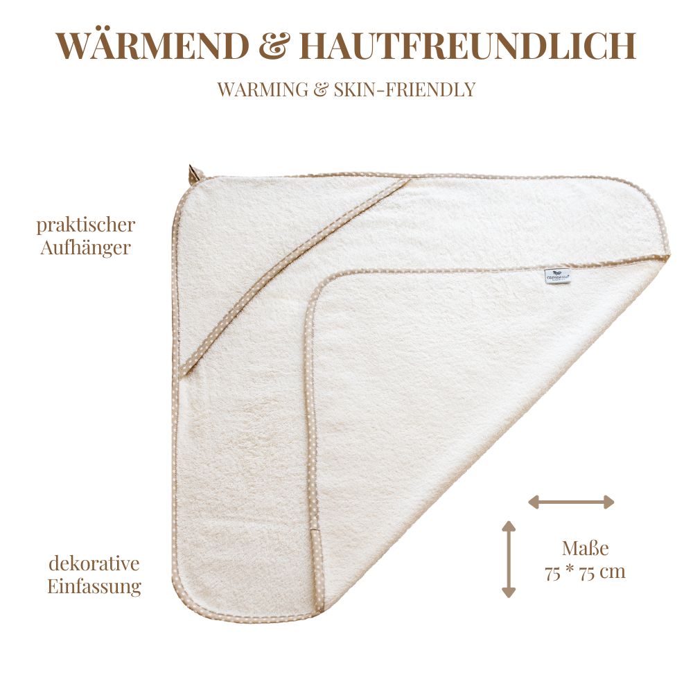 Carenesse Kapuzenhandtuch Natur 75 x 75 cm I Baby- Handtuch mit Kapuze ungebleicht & ungefärbt I Kapuzentuch 100% Baumwolle Öko-Tex 100 I Kapuzen-Badetuch für Baby‘s & Kinder bis 3 Jahre