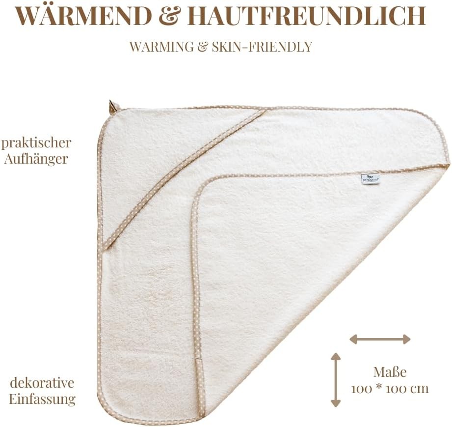 Carenesse Kapuzenhandtuch Natur 100 x 100 cm I Baby- Handtuch mit Kapuze ungebleicht & ungefärbt I Kapuzentuch 100% Baumwolle Öko-Tex 100 I Kapuzen-Badetuch für Baby‘s & Kinder bis 3 Jahre